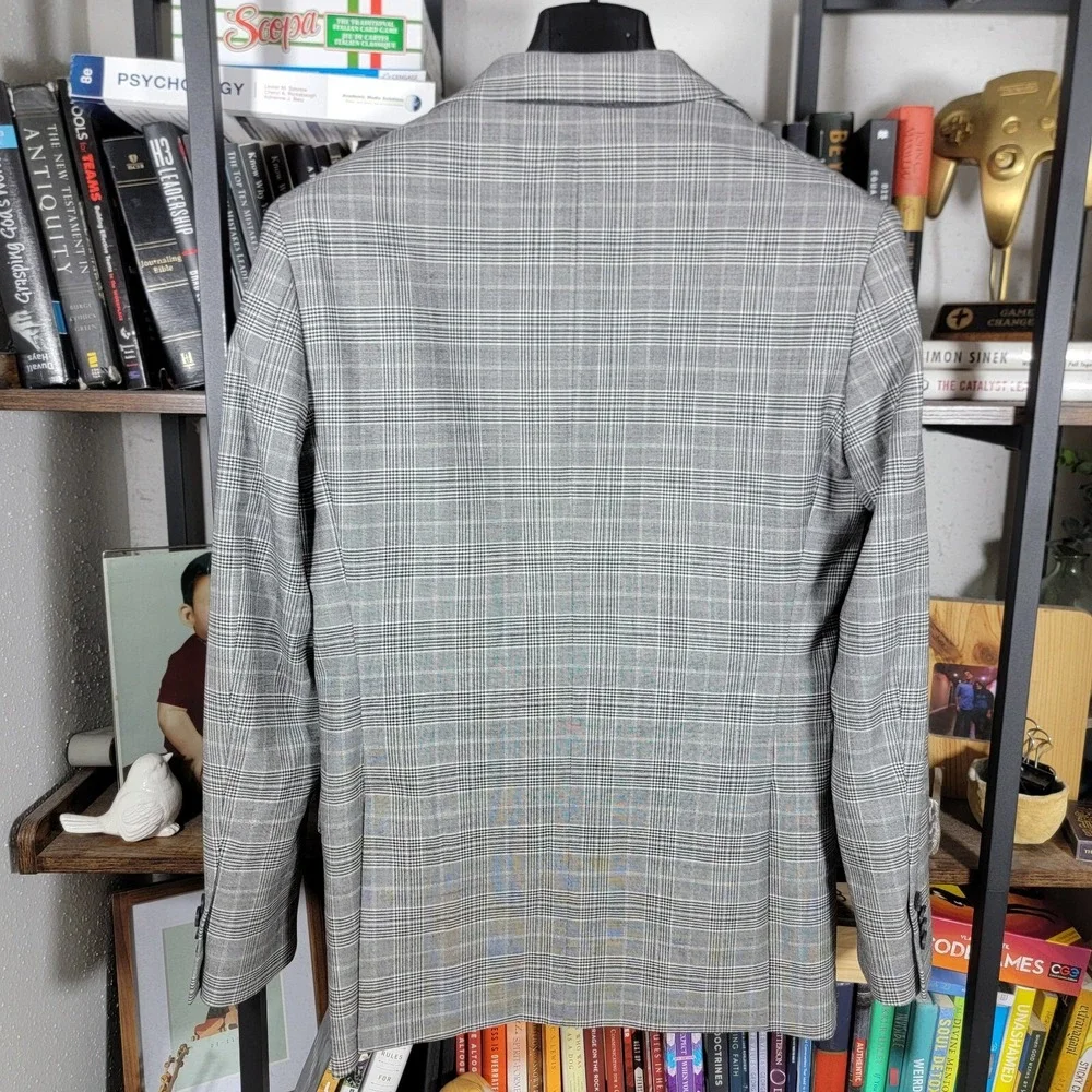 Kenneth Cole‎ Mens Sport Coat Blazer Two Button Gray Plaid Wool Poly Slim 36R